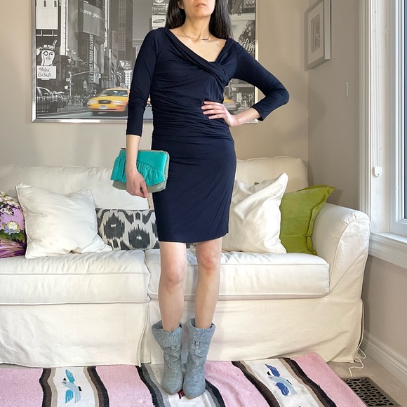 Mango black stretch asymmetric ruched minidress - Picture 2 of 13